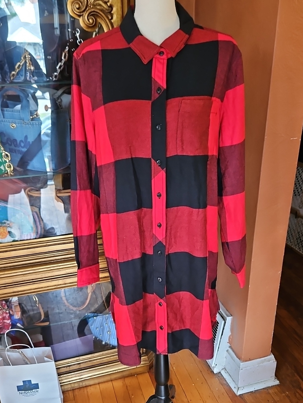 Athleta Red and Black Plaid Long Sleeve Shirt Dress